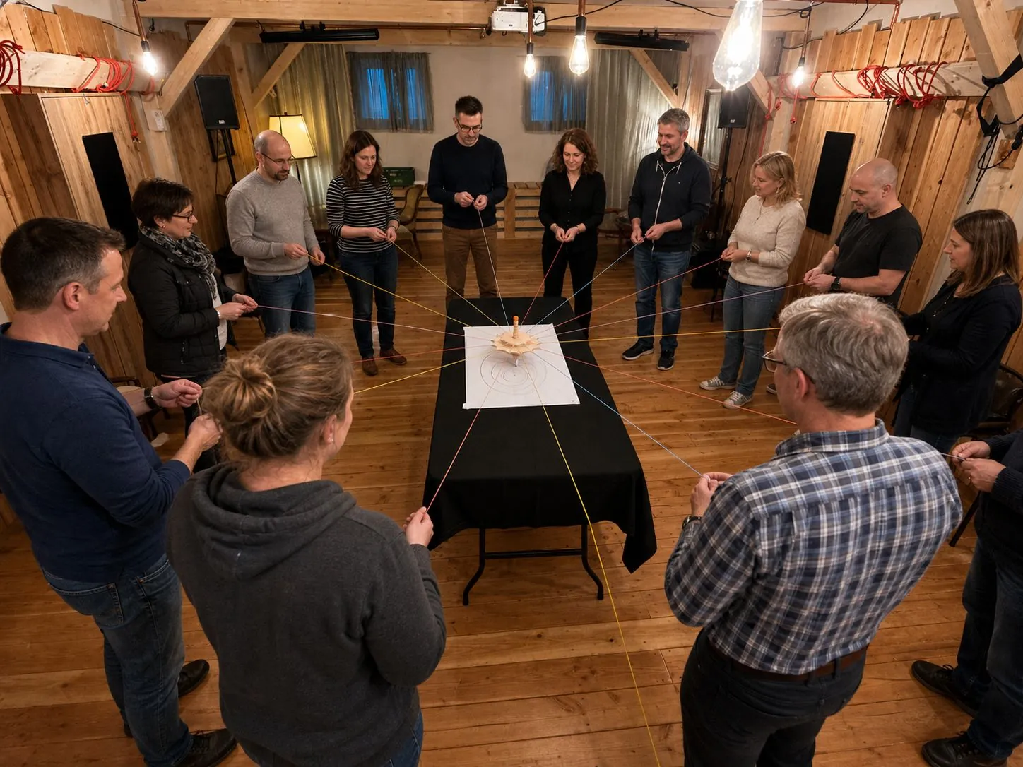 Team im Kreis beim Teambuilding im Eventraum der Mach!BAR