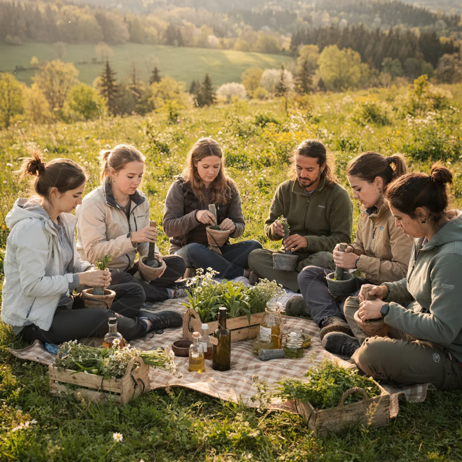 Gruppe beim Kräuterworkshop auf der Wiese im Schwarzwald